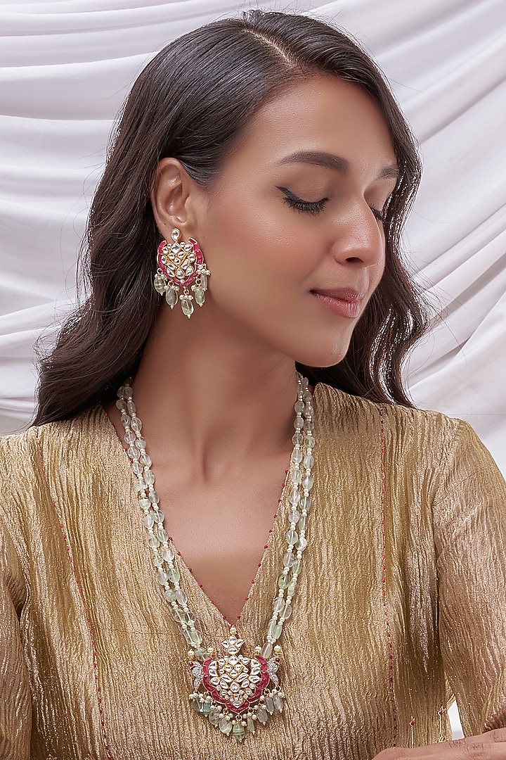 Gold Finish Kundan Polki & Red Stone Long Necklace Set by VASTRAA Jewellery at Pernia's Pop Up Shop