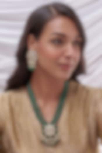 Gold Finish Kundan Polki & Green Beaded Long Necklace Set by VASTRAA Jewellery at Pernia's Pop Up Shop