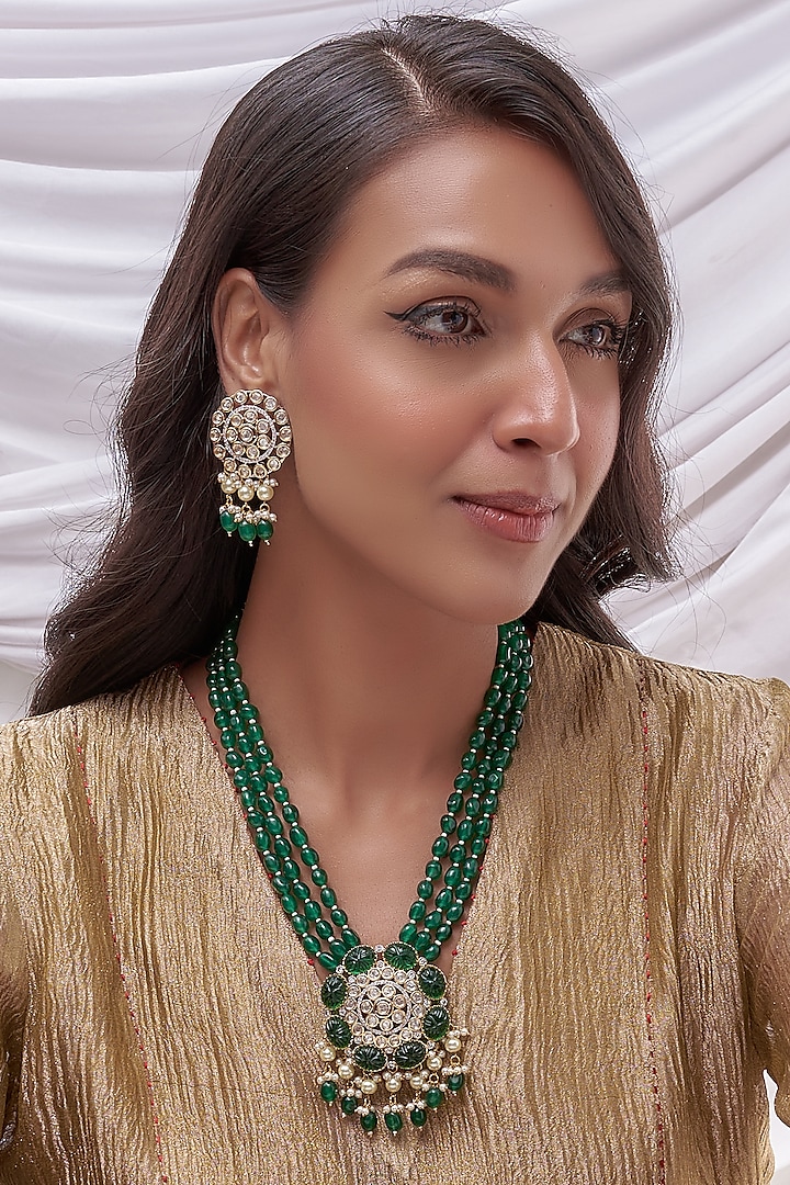 Gold Finish Kundan Polki Green Beaded Long Necklace Set by