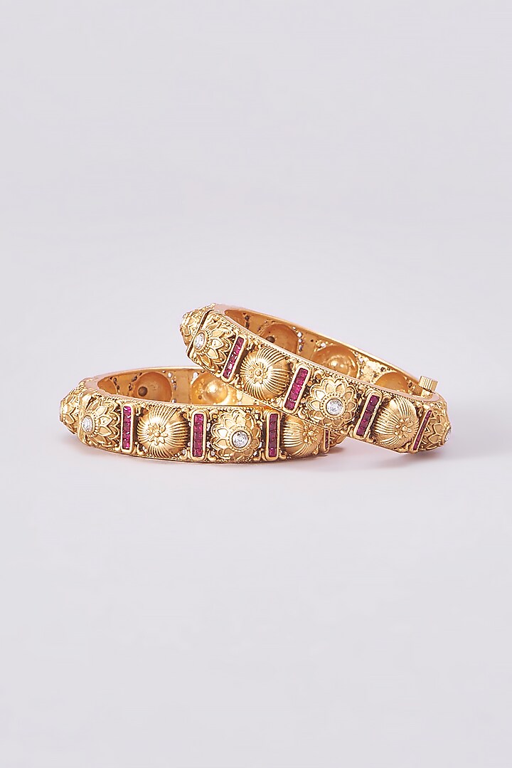 Gold Finish Kundan Polki Temple Bangles (Set Of 2) by VASTRAA Jewellery at Pernia's Pop Up Shop