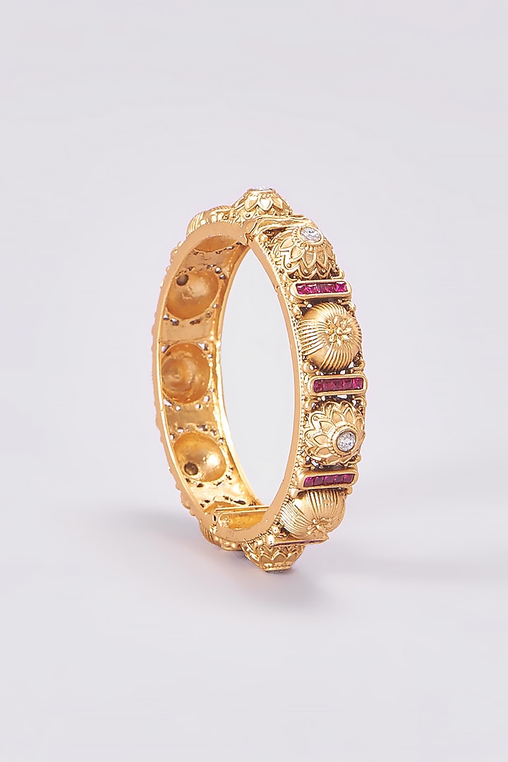 Gold Finish Kundan Polki Temple Bangles (Set Of 2) by VASTRAA Jewellery at Pernia's Pop Up Shop