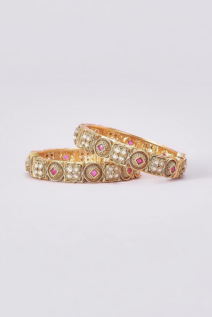 Gold Finish Kundan Polki Temple Bangles (Set Of 2) by VASTRAA Jewellery at Pernia's Pop Up Shop