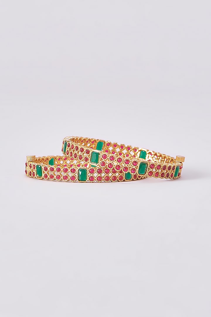 Gold Finish Kundan Polki Temple Bangles (Set Of 2) by VASTRAA Jewellery at Pernia's Pop Up Shop