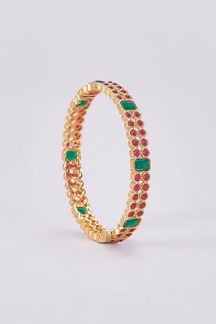 Gold Finish Kundan Polki Temple Bangles (Set Of 2) by VASTRAA Jewellery at Pernia's Pop Up Shop