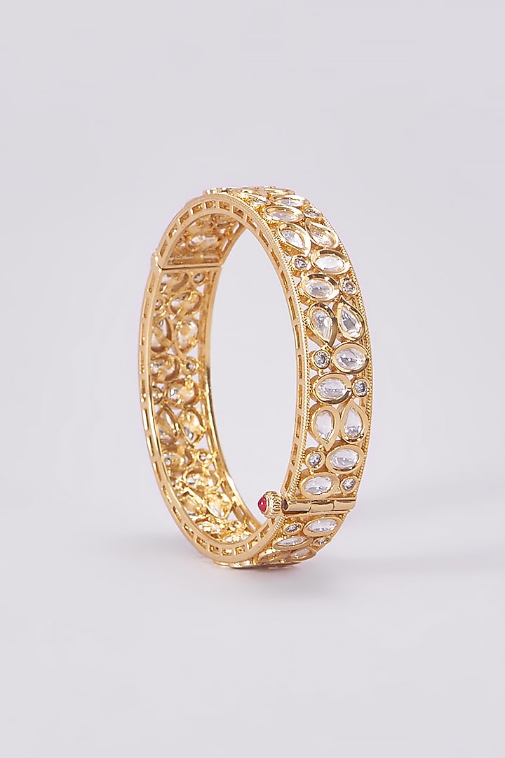 Gold Finish Kundan Polki Bangles (Set Of 2) by VASTRAA Jewellery at Pernia's Pop Up Shop