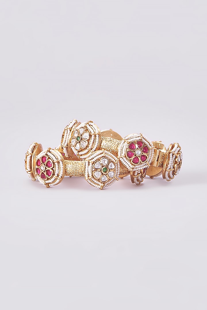 Gold Finish Kundan Polki Temple Bangles (Set Of 2) by VASTRAA Jewellery at Pernia's Pop Up Shop