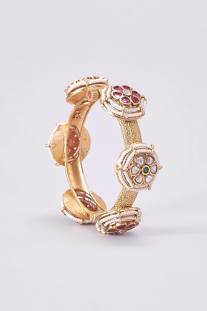 Gold Finish Kundan Polki Temple Bangles (Set Of 2) by VASTRAA Jewellery at Pernia's Pop Up Shop