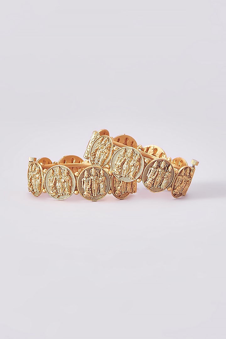 Gold Finish Kundan Polki Temple Bangles (Set Of 2) by VASTRAA Jewellery at Pernia's Pop Up Shop