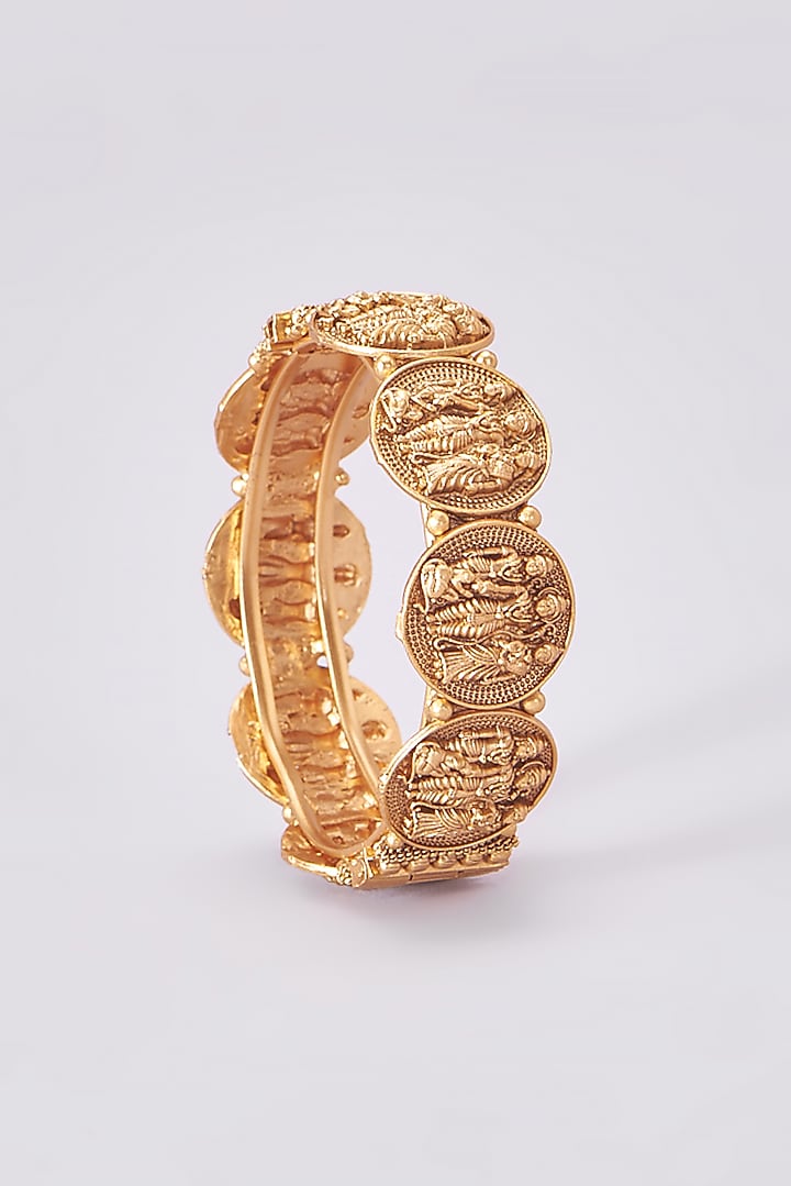 Gold Finish Kundan Polki Temple Bangles (Set Of 2) by VASTRAA Jewellery at Pernia's Pop Up Shop