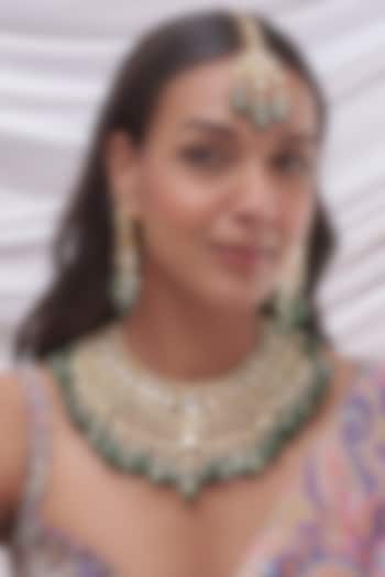 Gold Finish Kundan Polki & Green Beaded Necklace Set by VASTRAA Jewellery at Pernia's Pop Up Shop