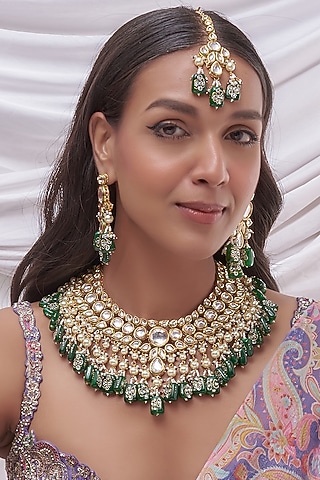 Gold Finish Kundan Polki & Green Beaded Necklace Set by VASTRAA Jewellery
