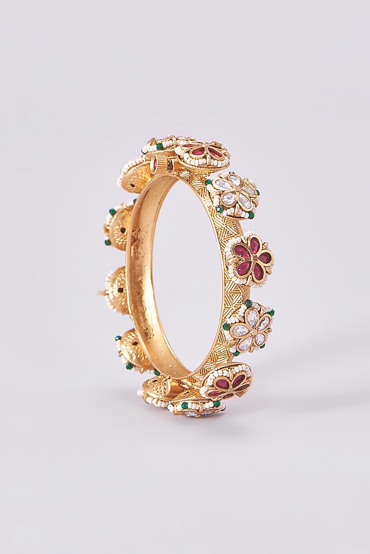 Gold Finish Kundan Polki Temple Bangles (Set Of 2) by VASTRAA Jewellery at Pernia's Pop Up Shop