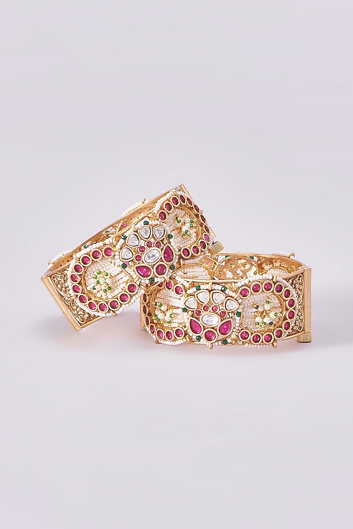 Gold Finish Kundan Polki Temple Bangles (Set Of 2) by VASTRAA Jewellery at Pernia's Pop Up Shop