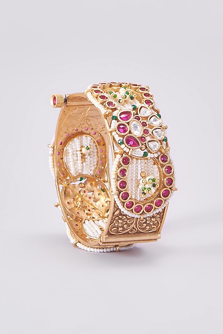 Gold Finish Kundan Polki Temple Bangles (Set Of 2) by VASTRAA Jewellery at Pernia's Pop Up Shop