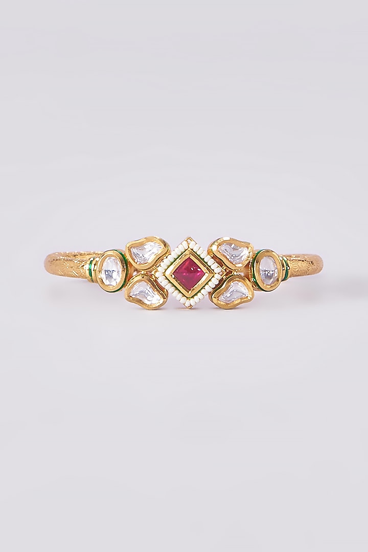 Gold Finish Kundan Polki Red Stone Bracelets by VASTRAA Jewellery at Pernia's Pop Up Shop