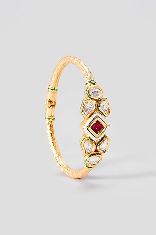 Gold Finish Kundan Polki Red Stone Bracelets by VASTRAA Jewellery