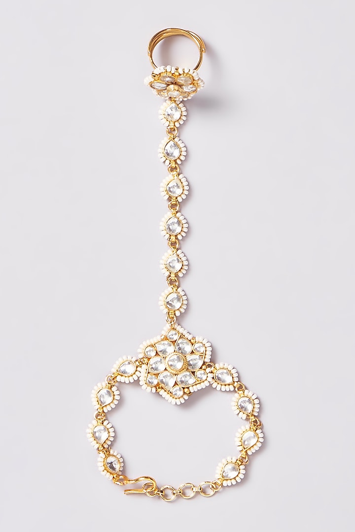 Gold Finish Kundan Polki Hathphool (Set of 2) by VASTRAA Jewellery at Pernia's Pop Up Shop