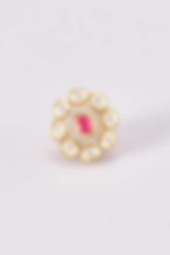 Gold Finish Kundan Polki & Red Stone Ring by VASTRAA Jewellery at Pernia's Pop Up Shop