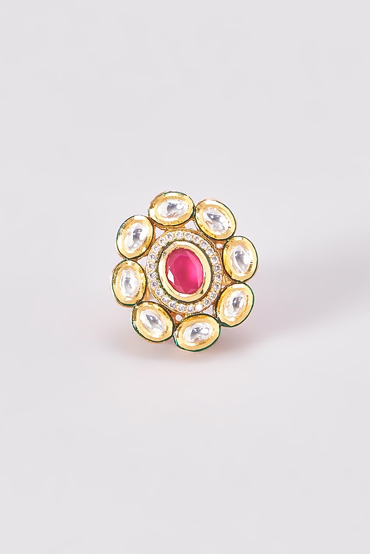 Gold Finish Kundan Polki & Red Stone Ring by VASTRAA Jewellery at Pernia's Pop Up Shop