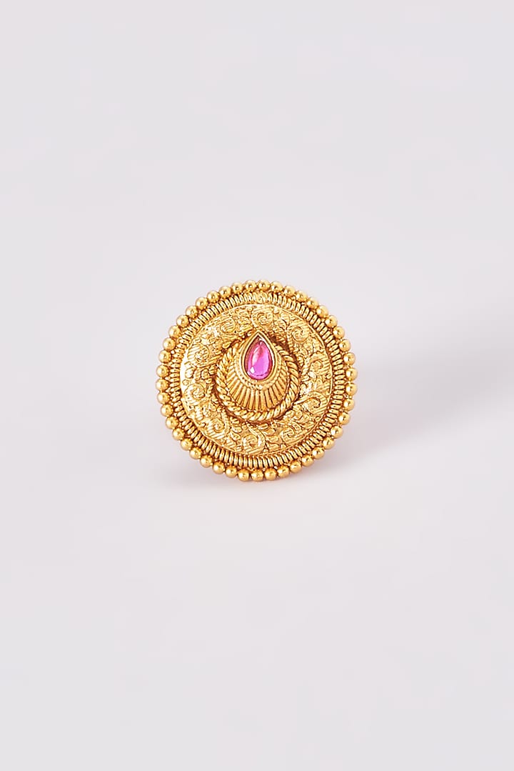 Gold Finish Kundan Polki Temple Ring by VASTRAA Jewellery at Pernia's Pop Up Shop