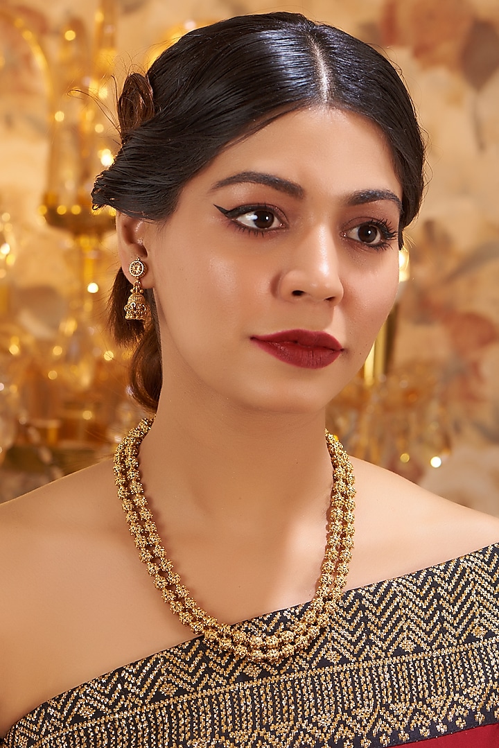 Gold Finish Kundan Polki Temple Mala Set by VASTRAA Jewellery at Pernia's Pop Up Shop