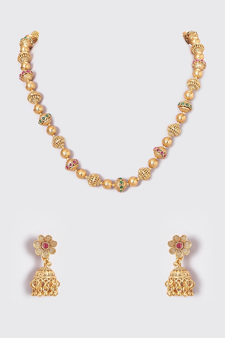 Gold Finish Kundan Polki Temple Mala Set by VASTRAA Jewellery at Pernia's Pop Up Shop