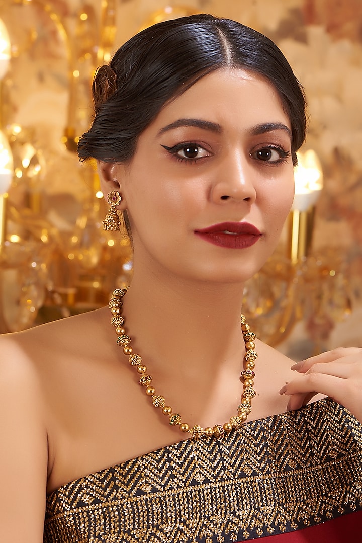 Gold Finish Kundan Polki Temple Mala Set by VASTRAA Jewellery at Pernia's Pop Up Shop