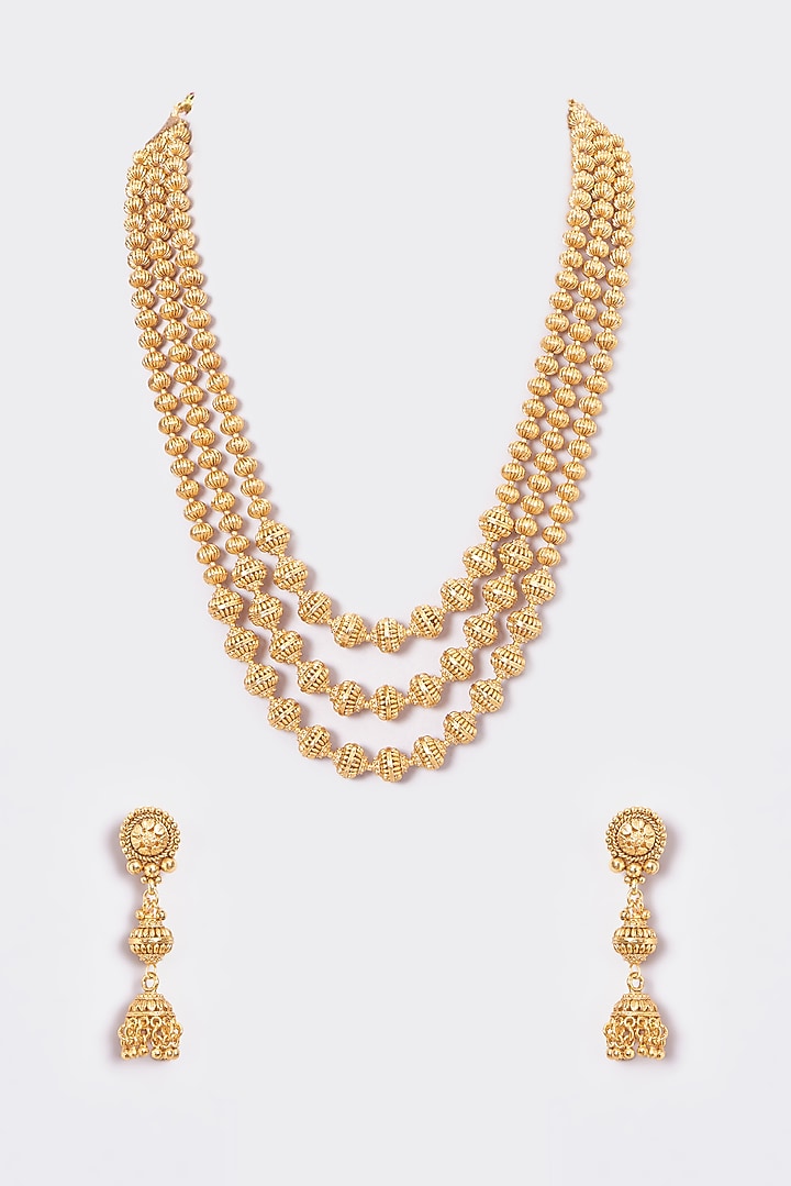 Gold Finish Kundan Polki Temple Layered Necklace Set by VASTRAA Jewellery at Pernia's Pop Up Shop