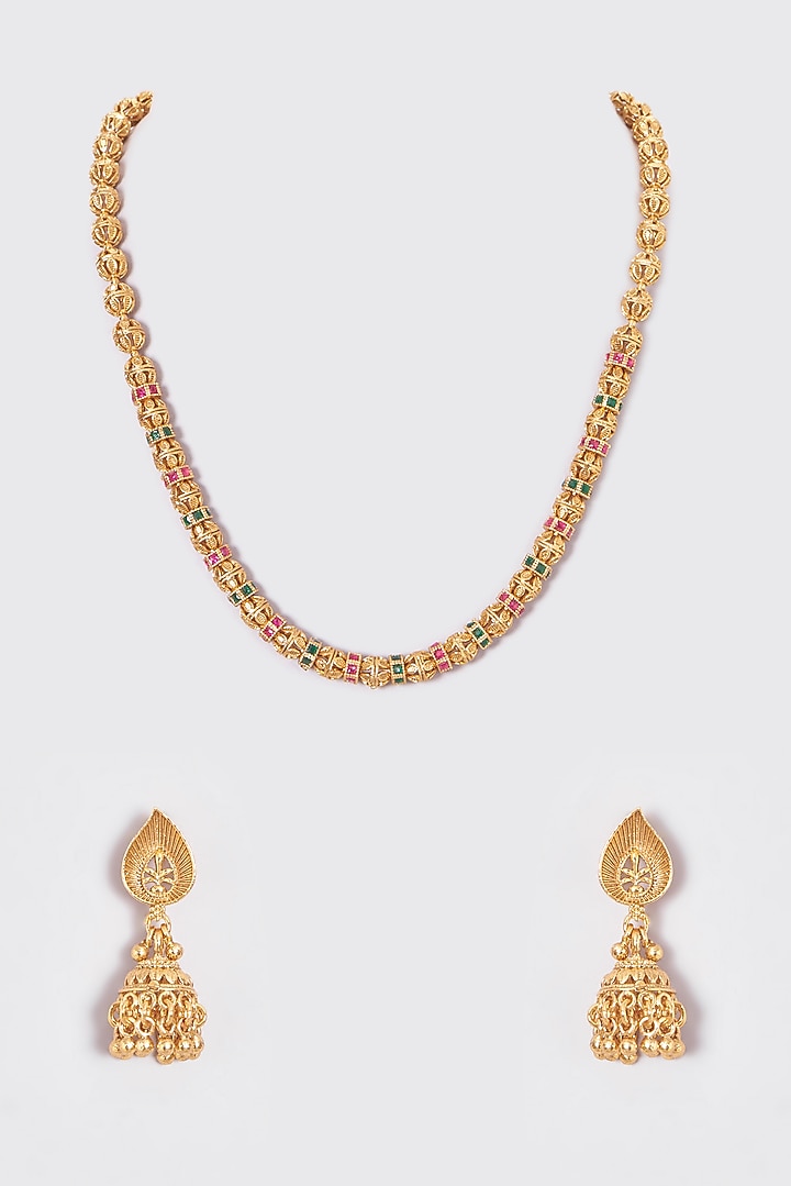 Gold Finish Kundan Polki Temple Mala Set by VASTRAA Jewellery at Pernia's Pop Up Shop