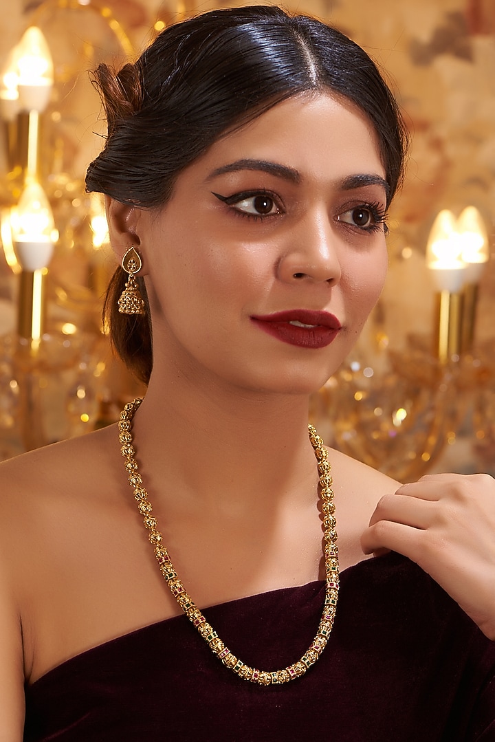 Gold Finish Kundan Polki Temple Mala Set by VASTRAA Jewellery at Pernia's Pop Up Shop