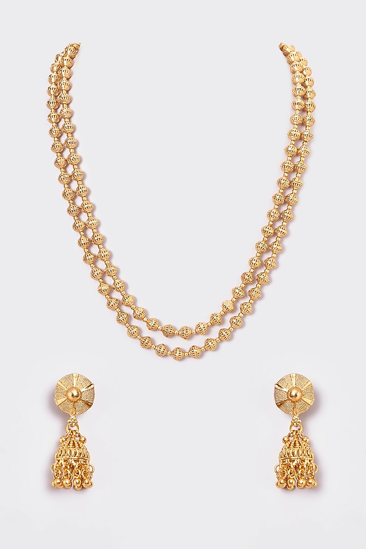 Gold Finish Kundan Polki Temple Layered Necklace Set by VASTRAA Jewellery at Pernia's Pop Up Shop