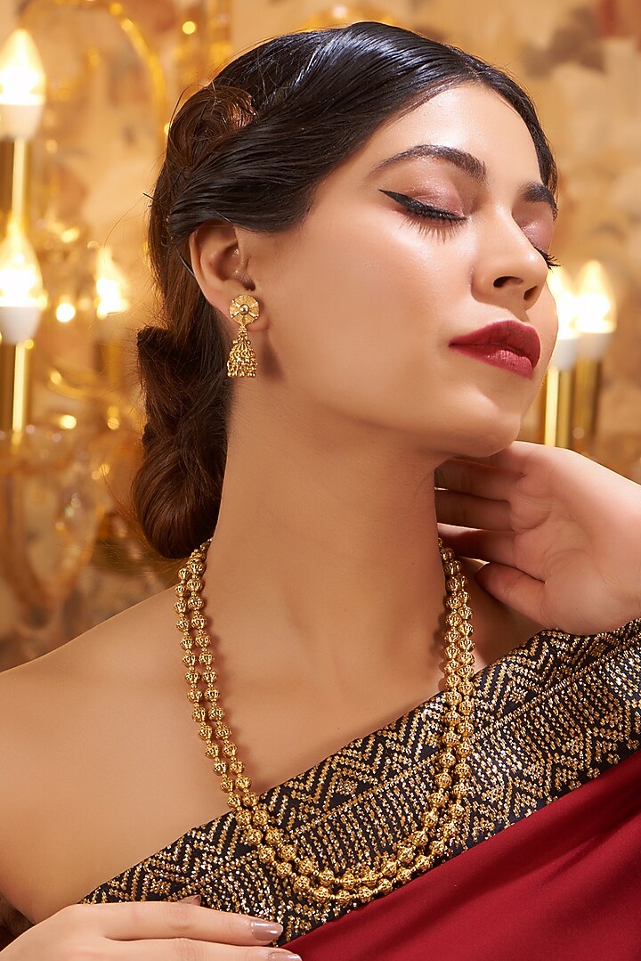 Gold Finish Kundan Polki Temple Layered Necklace Set by VASTRAA Jewellery at Pernia's Pop Up Shop