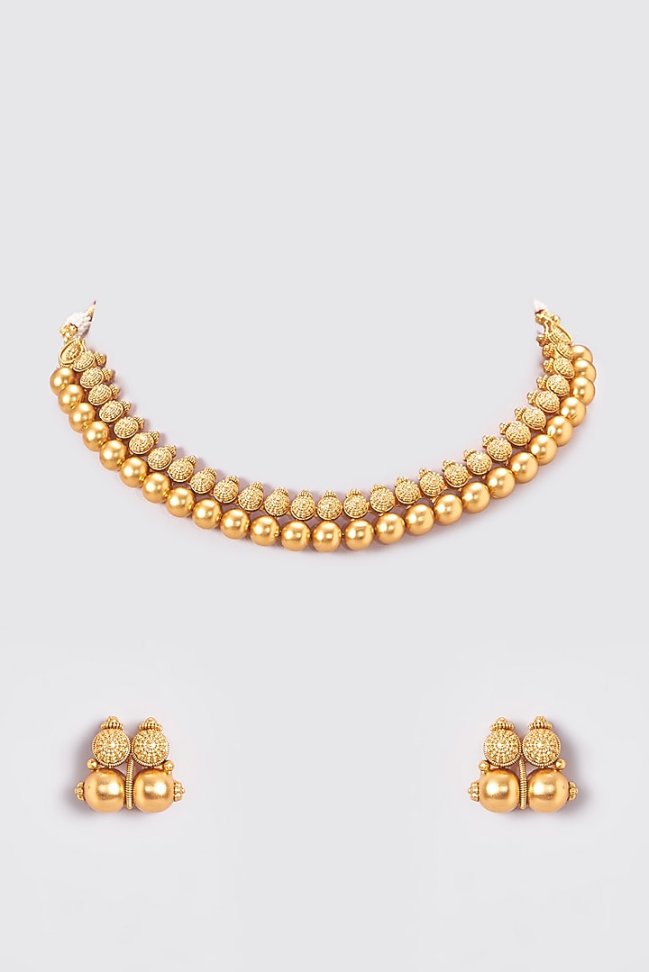Gold Finish Kundan Polki Temple Necklace Set by VASTRAA Jewellery at Pernia's Pop Up Shop
