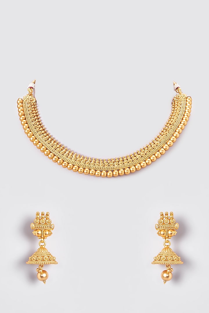 Gold Finish Kundan Polki Temple Necklace Set by VASTRAA Jewellery at Pernia's Pop Up Shop