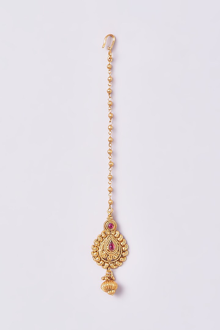 Gold Finish Kundan Polki & Ruby Temple Maangtikka by VASTRAA Jewellery at Pernia's Pop Up Shop