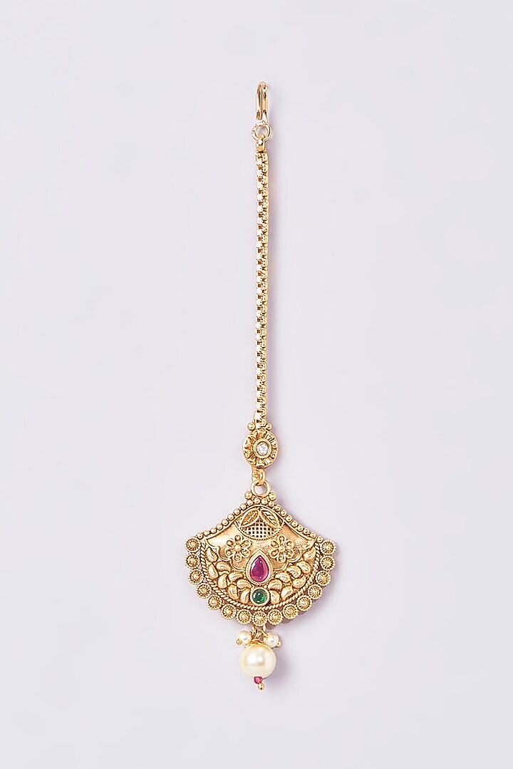 Gold Finish Kundan Polki & Multi-Colored Stone Maangtikka by VASTRAA Jewellery at Pernia's Pop Up Shop