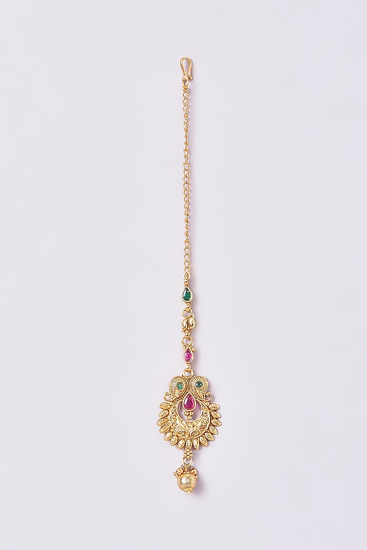 Gold Finish Kundan Polki & Multi-Colored Stone Maangtikka by VASTRAA Jewellery at Pernia's Pop Up Shop