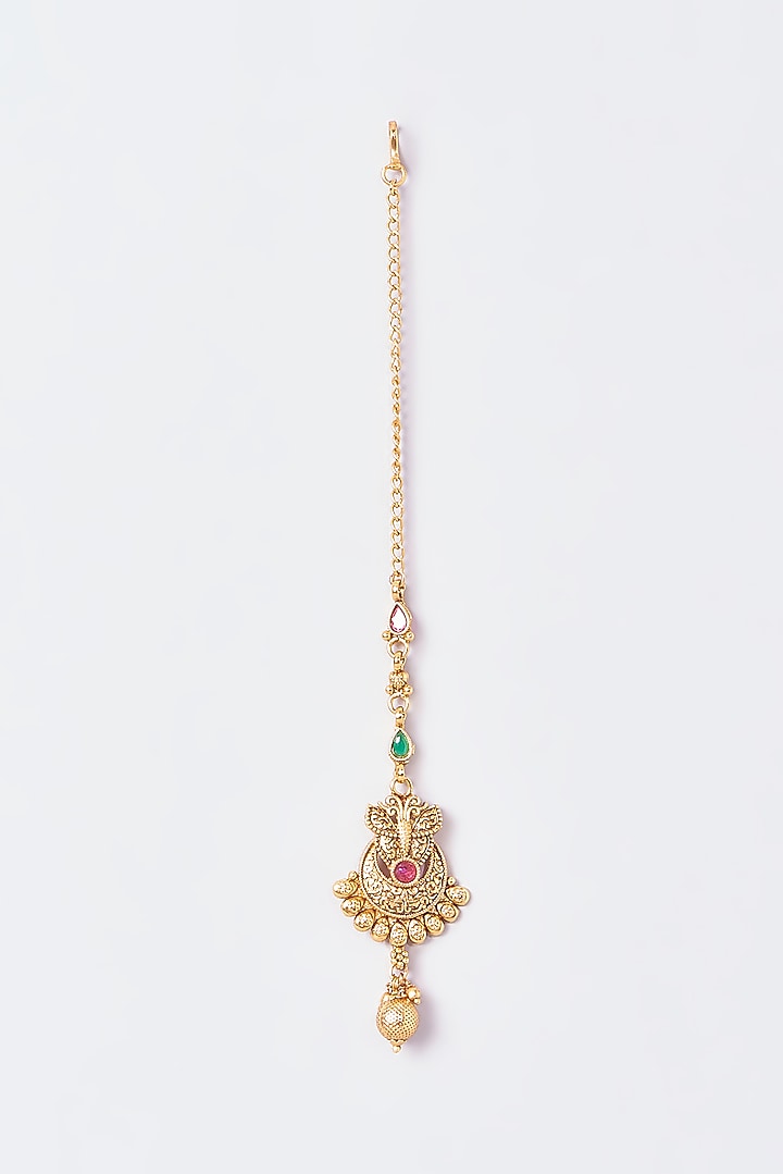 Gold Finish Kundan Polki & Multi-Colored Stone Maangtikka by VASTRAA Jewellery at Pernia's Pop Up Shop