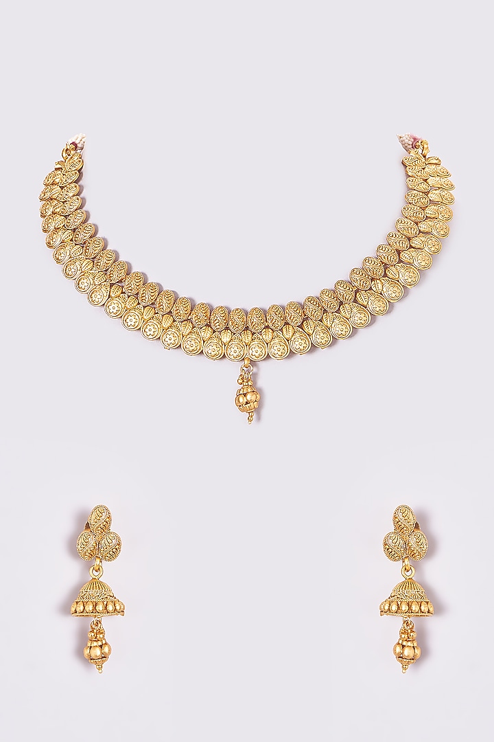 Gold Finish Kundan Polki Temple Necklace Set by VASTRAA Jewellery at Pernia's Pop Up Shop