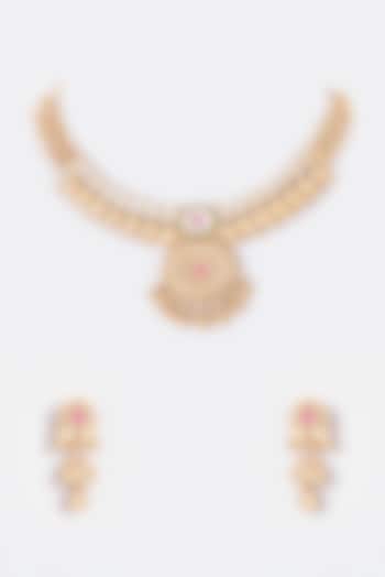 Gold Finish Multi-Colored Stone Temple Choker Necklace Set by VASTRAA Jewellery at Pernia's Pop Up Shop