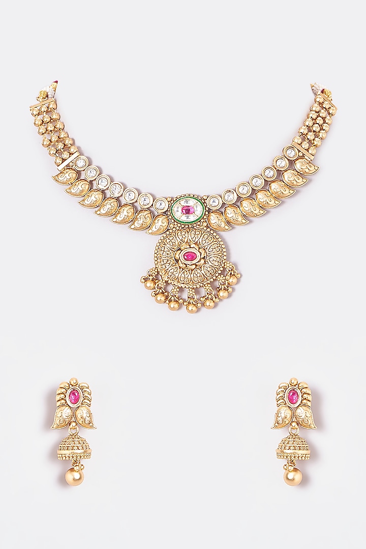 Gold Finish Multi-Colored Stone Temple Choker Necklace Set by VASTRAA Jewellery at Pernia's Pop Up Shop