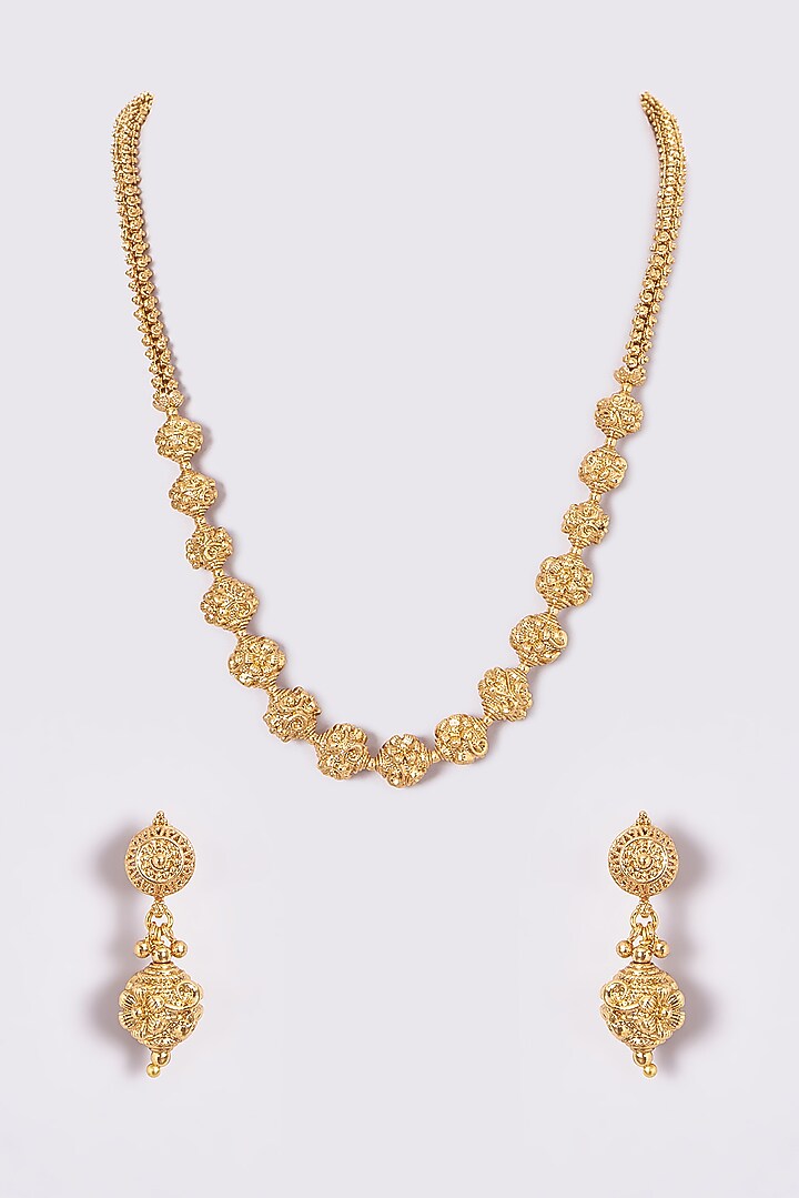 Gold Finish Kundan Polki & Multi-Colored Stone Temple Mala Set by VASTRAA Jewellery at Pernia's Pop Up Shop