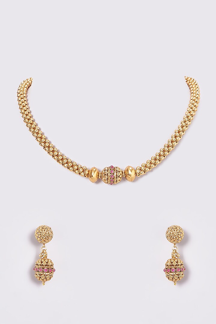 Gold Finish Kundan Polki Temple Necklace Set by VASTRAA Jewellery at Pernia's Pop Up Shop