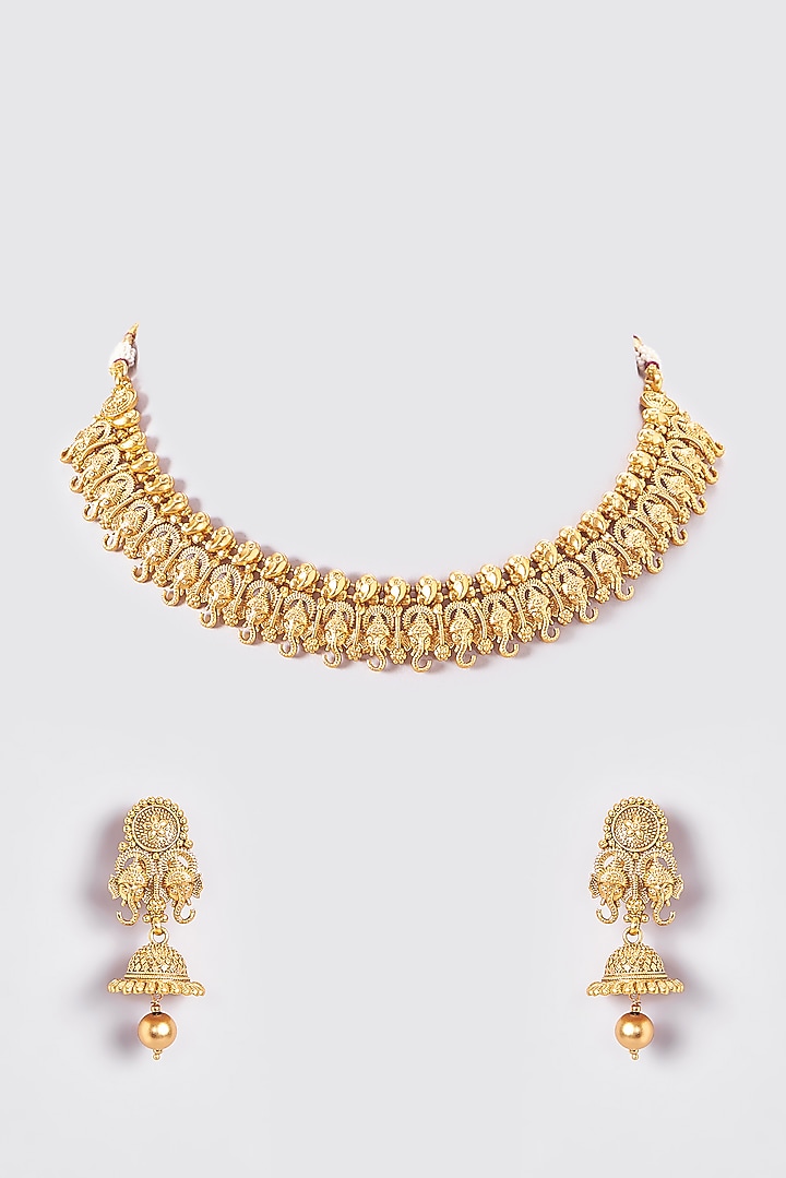 Gold Finish Kundan Polki Temple Necklace Set by VASTRAA Jewellery at Pernia's Pop Up Shop