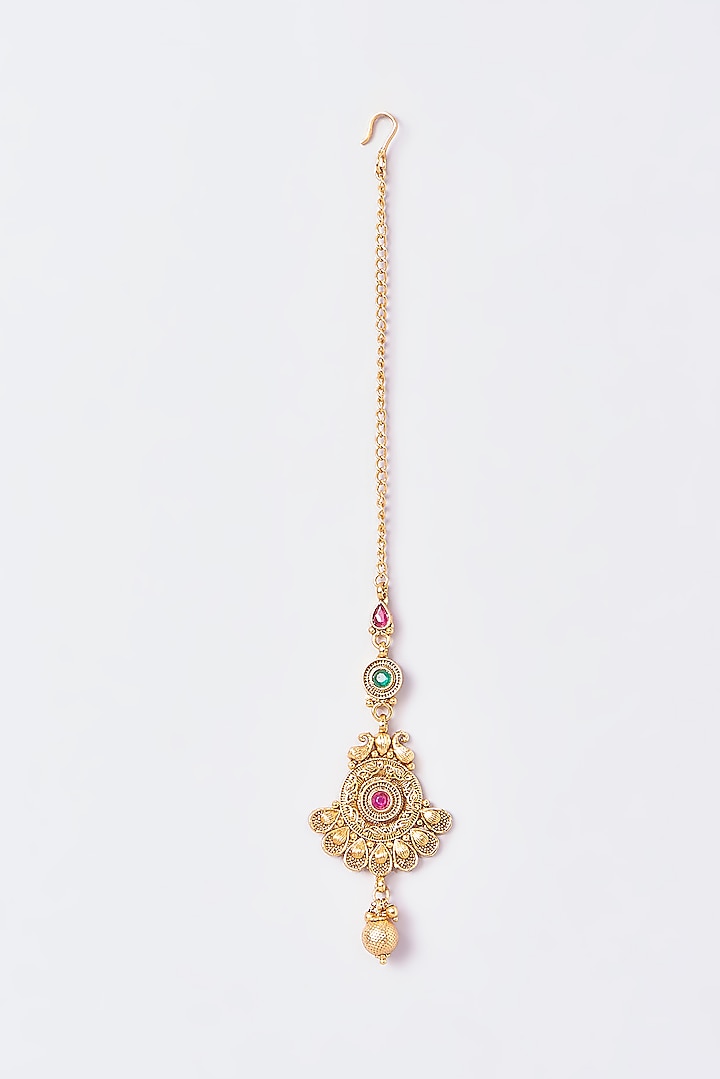 Gold Finish Kundan Polki & Multi-Colored Stone Maangtikka by VASTRAA Jewellery