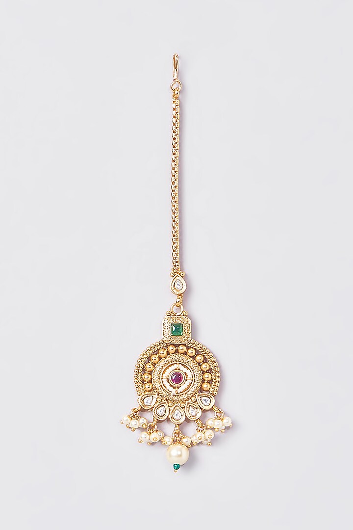 Gold Finish Kundan Polki & Multi-Colored Stone Maangtikka by VASTRAA Jewellery at Pernia's Pop Up Shop
