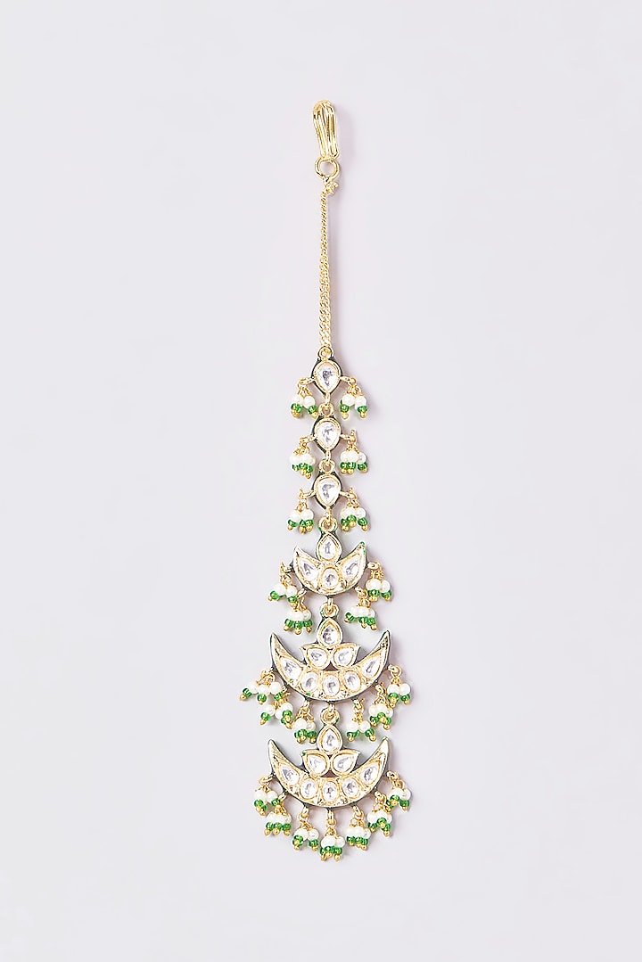 Gold Finish Kundan Polki & Emerald Stone Maangtikka by VASTRAA Jewellery