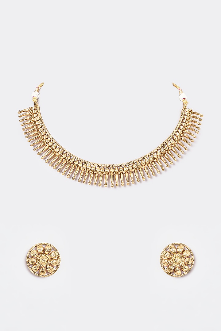Gold Finish Kundan Polki Temple Necklace Set by VASTRAA Jewellery at Pernia's Pop Up Shop