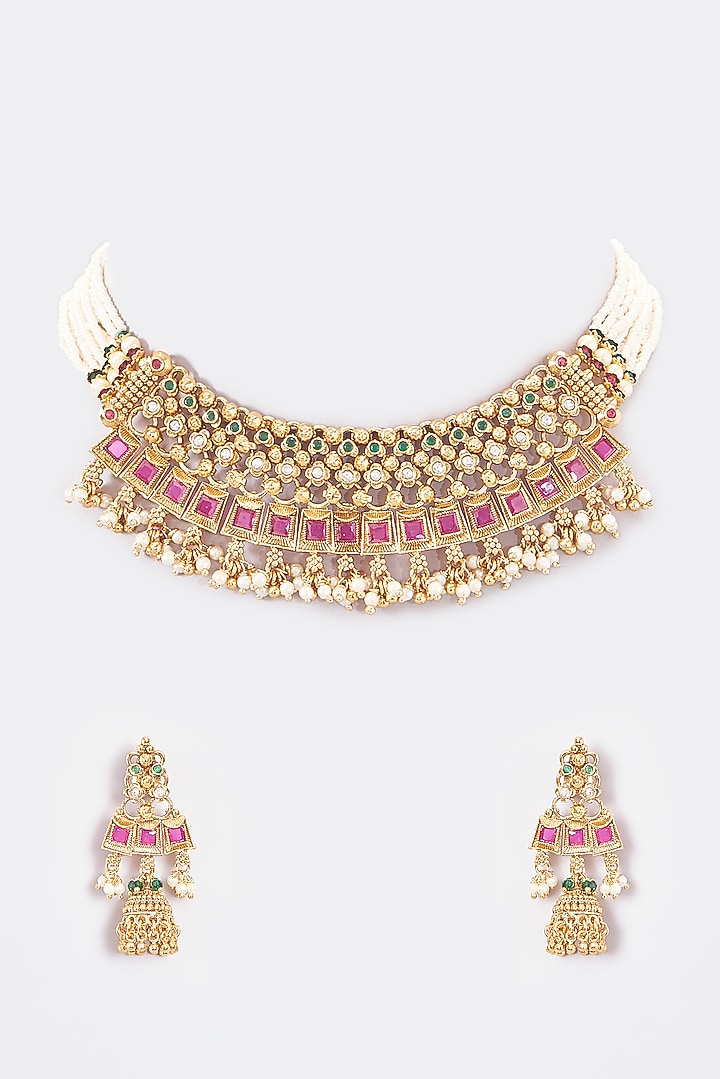 Gold Finish Kundan Polki & Multi-Colored Stone Temple Choker Necklace Set by VASTRAA Jewellery at Pernia's Pop Up Shop