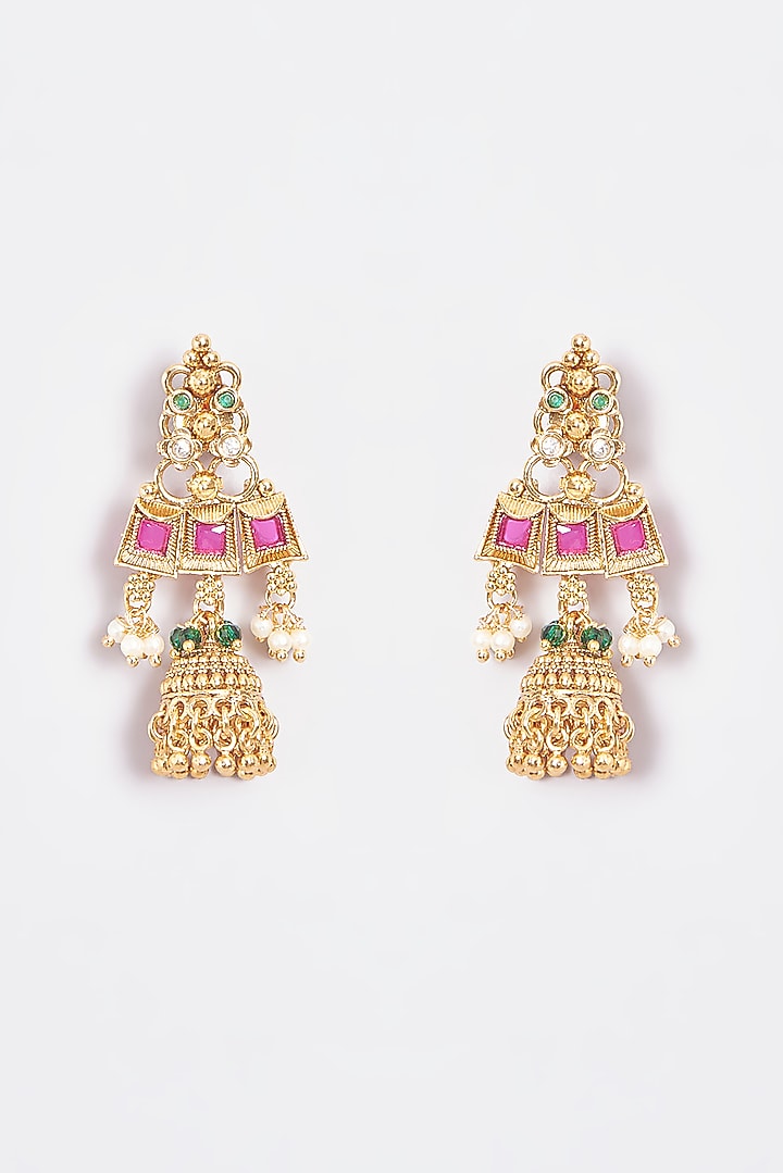 Gold Finish Kundan Polki & Multi-Colored Stone Temple Choker Necklace Set by VASTRAA Jewellery at Pernia's Pop Up Shop
